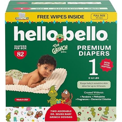 Hello Bello Dr. Seuss Baby Grinch Premium Diapers, Size 1 (8-12 lbs), 82ct Plus Bonus Wipes: Softness & Protection for Sensitive Skin