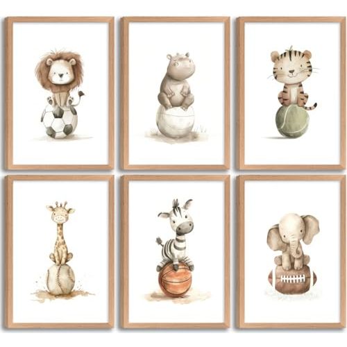 Baby Boy Animals Nursery Framed Wall Art Sport Theme Nursery Painting Picture Wall Decor Cute Lion Hippo Tiger Giraffe Zebra Elephant Sports Poster Print for Children Room Home Decoration