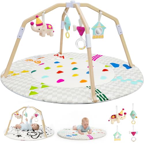 Circus-Themed Baby Play Gym, 2-Sided High-Contrast Tummy Time Mat with 4 Detachable Sensory Toys, Foldable Wooden Frame Playmat for Stage-Based Development, Baby Essentials Shower Gift