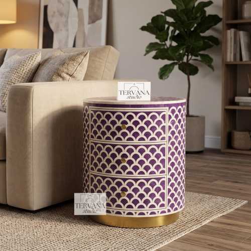 Purple Bone Inlay Round Nightstand, Handmade 3 Drawer Bedside Table, Luxury Accent Cabinet, Wooden End Table, Bedroom Furniture