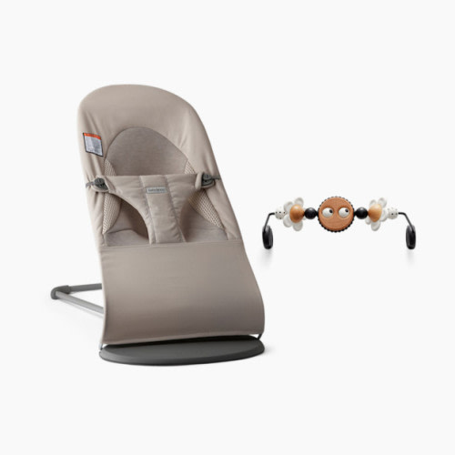 Bouncer Balance Soft and Toy Bar Bundle - Sand Gray/Bw Googly Eyes