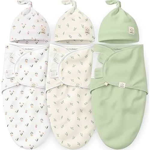 KeaBabies 3-Pack Organic Swaddles for Newborns Girls, Boys with Hats - Soft Cotton Baby Sleep Sacks 0-3 Months, Breathable Baby Hats and Swaddles 0-3 Months, Newborn Essentials Must Haves (Fleur)