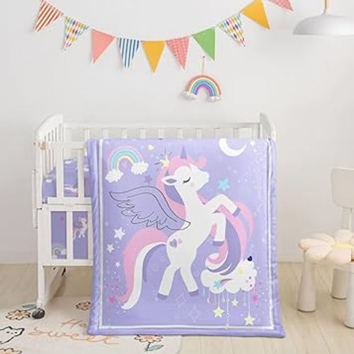 Crib Bedding Set, 3-Piece Nursery Bedding with Comforter, Crib Sheet & Skirt, Watercolor Rainbow Unicorn Printed - Unicorn Purple