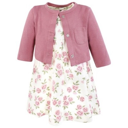 Hudson Baby Infant and Toddler Girls Cotton Dress and Cardigan Set, Mauve Sage Rose, 0-3 Months