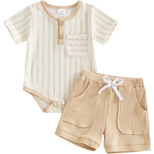 Douhoow Baby Boy Summer Outfits Short Sleeve Stripes Infant Boy Romper Baby Bodysuit Shorts Set With Pockets
