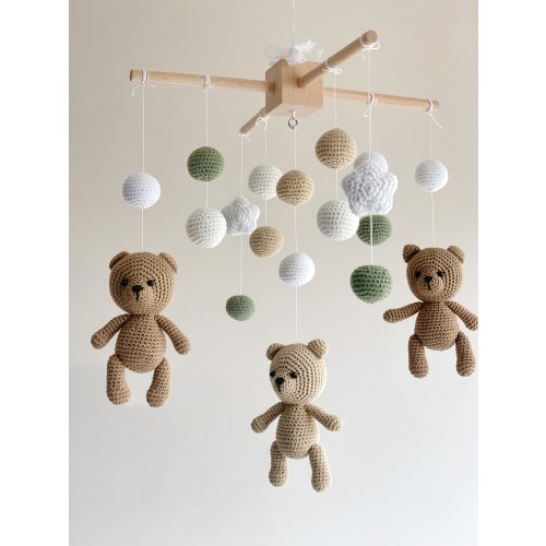 Vintage bear baby mobile, crochet bear baby nursery, neutral baby mobile, birthday gift, Christmas gift.