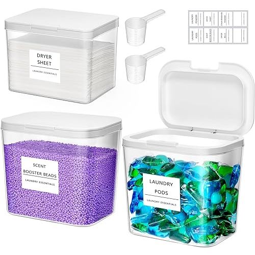 Lifewit 2+1 Laundry Pods Container & Dryer Sheet Holder, Large Powder Detergent Dispenser Storage Jars, Laundry Room Containers for Scent Booster Beads with Pop up Lids, Labels and Scoop