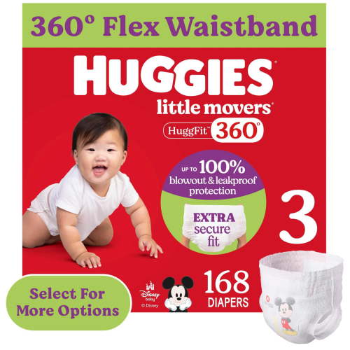 Huggies Little Movers HuggFit 360° Baby Diapers with 360° Waistband, Size 3 (16-28 lbs), 168 Count (Select for More)