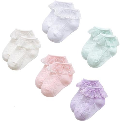 Durio 5 Pairs Baby Girl Socks - Cute Frilly Ruffle Socks for Girls 0-5T, Breathable Lace Ankle Sock for Newborn to Toddler