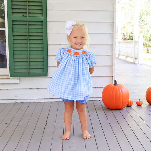 Little Pumpkin Blue Gingham Smocked Bloomer Set