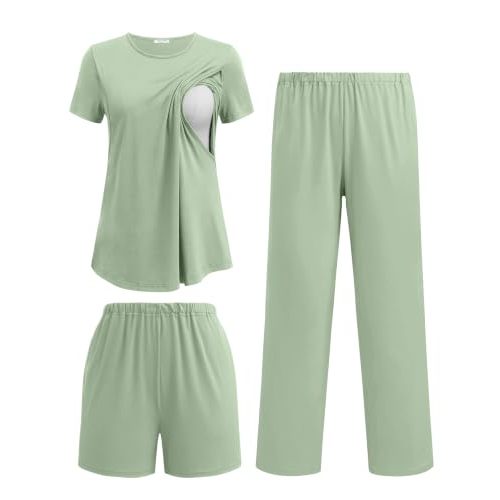 Ekouaer 3 Piece Maternity Nursing Pajamas Set Short Sleeve Breastfeeding Pjs