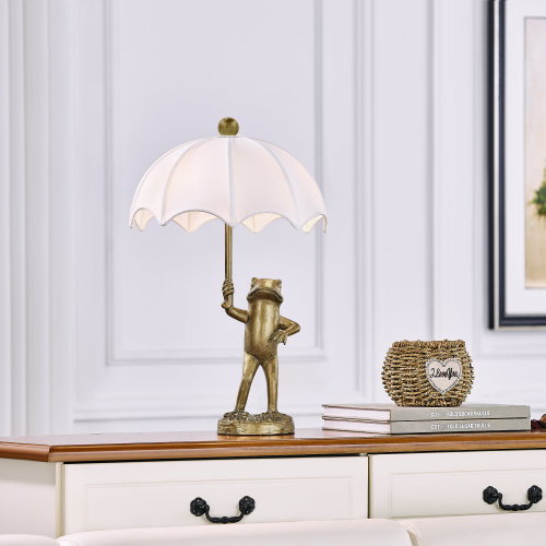 Mercer41 23" Bronze Resin Frog Table Lamp With Linen Umbrella Shade & Reviews | Wayfair