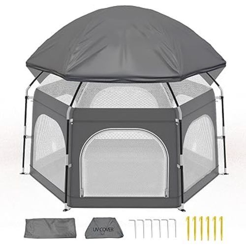Baby Playpen with Canopy, Portable Outdoor & Indoor Baby Beach Tent for Babies and Toddlers, Foldable Play Yard with Mosquito Net, Travel Play Yard Includes Sand Stakes & Carry Bag