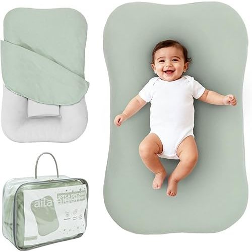 Aila + Aiden Baby Lounger | Organic Cotton Infant Lounger | Adjustable & Portable Floor Lounger | Supervised Use | Soft, Breathable, Washable Cover - Snuggle Collection - (Sage)