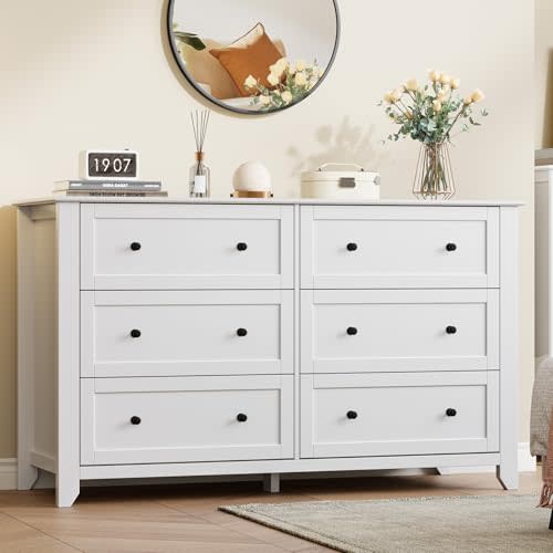 IDEALHOUSE White 6 Drawer Dresser for Bedroom, 54" Wide Dresser with Deep Drawers & Metal Knobs, Modern Large Wooden Chests of Drawers for Entryway, Hallway