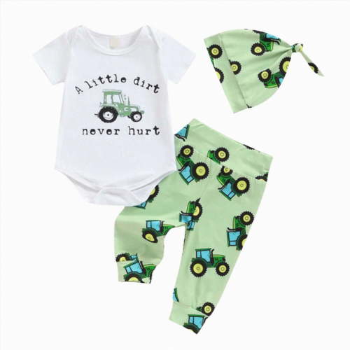 WUANDIXFA Baby Boy Clothes 3 6 9 12 18 Months Infant Newborn Outfits Short Sleeve Romper + Hat + Pants Set,Green,3-6 Months