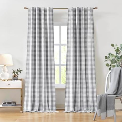 Grey White Buffalo Plaid Bedroom Curtain Panels 84 Inches Long