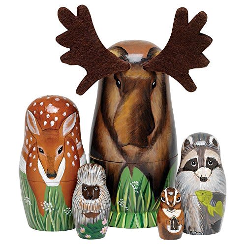 Bits and Pieces Moose Nesting Dolls - Russian Doll Set of 5 Hand Painted Wood Matryoshka Dolls, Traditional