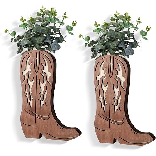 Havawish 2 Pcs Wood Cowboy Boots Wall Planter for Indoor Plants 12 x 8'' Cowboy Boot Flower Vase Hanging Pocket Vases for Flower Faux Greenery Wood Wall Decor for Bathroom Bedroom(Retro Style)