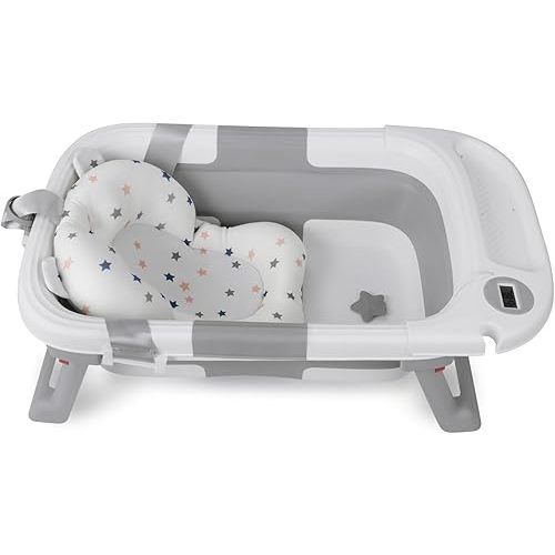 Baby Bathtub for Newborn Infant, Collapsible Baby Bathtub with Temperature Display & Soft Cushion, Infant to Toddler Bathtub, Portable Foldable Travel Bath Tub, 0-18 Months (Grey)