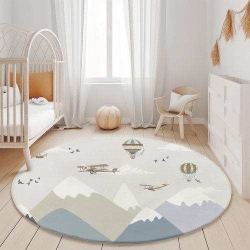 Mountain Airplane Balloon Ultra Soft Nursery Kids Rug, Playground Rug, Nursery Decor, Play Rug, Rectangular or Round, Various Sizes
