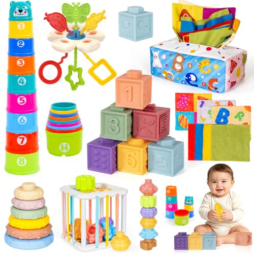 6 in 1 Montessori Toy for Babies Sensory Set for Infant Early Learning Gift | Shape Sorter Sensory Bin Soft Stacking Block Stacking Ring Pull String Tissue Box Toy for Toddlers 18M+ 2 3 Year Old Boy Girl
