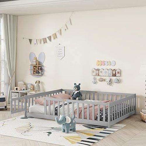Full Size Floor Bed for Kids, Wood Montessori Floor Beds with Fence Railings, Door & Slats Support, Full Playhouse Bed Frame for Boys Girls, No Box Spring Needed, Gray