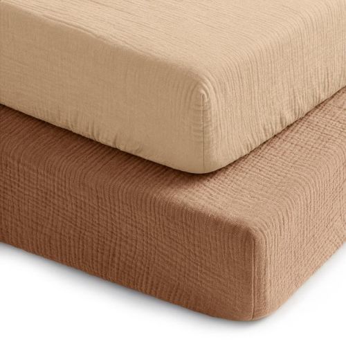 Comfy Cubs 100% Muslin Crib Fitted Sheet 2 Pack, Cedar and Cream - 100% Cotton, Soft & Breathable Crib Sheets - Snug Fit, Secure Elastic