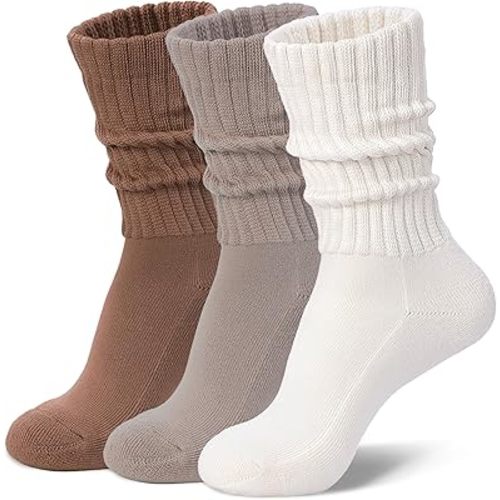 Womens Slouch Crew Socks Cozy Cotton Retro Ribbed Calf Scrunch Boot Socks for Casual Athletic 3 Pairs