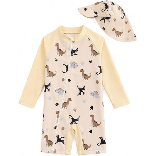 DivingBirds Baby Boy Rash Guard Swimsuit Set with Sun Hat - Long Sleeve Zip One Piece Toddler Bathing Suit for Beach & Pool