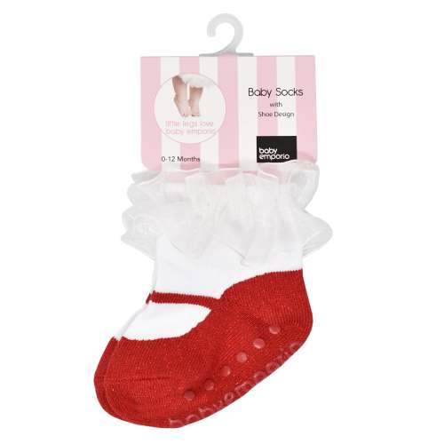SPARKLE RED shoe-design socks with organza ruffles. Anti-slip soles. 0-12 months