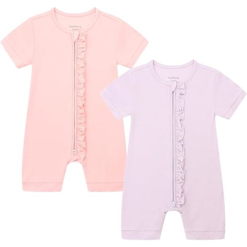 JunNeng Baby Boy Girl Pajamas 2 Pack Rayon from Bamboo Summer Sleeper Infant Short Sleeve Zipper Footless One-piece Romper