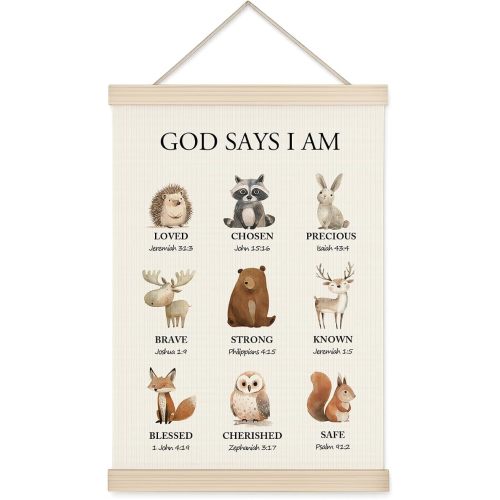 Woodland Christian Wall Art for Nursery, 11x17in Oxford Cloth Hanging Banner with Bible Verses, Woodland Animal Forest Theme Scripture Decor for Kids Bedroom, Prayer Room, Nursery & Spiritual Gifts