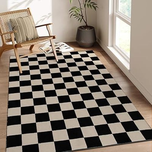 Lahome Checkered 5x7 Rug, Boho Large Black Area Rugs for Living Room, Cotton Woven Checkerboard Carpet, Low Pile Washable Carpets for Bedroom Office Decor (Black/Khaki)
