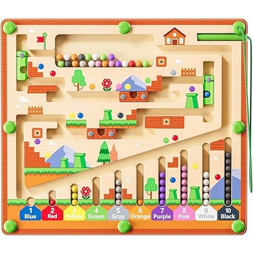zhiwuzhu Magnetic Color and Number Maze for Montessori Toys,Wooden Matching Learning Counting Board for Toddler Ages 2-4,Toddler Fine Motor Skills Toys for Boys Girls