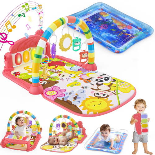 WonderStone Baby Gym Playmat for Infant,Tummy Time Water Mat with 5 Infant Sensory Baby Toys & Musical Piano Activity for 0-36 Months Boys Girls,Red