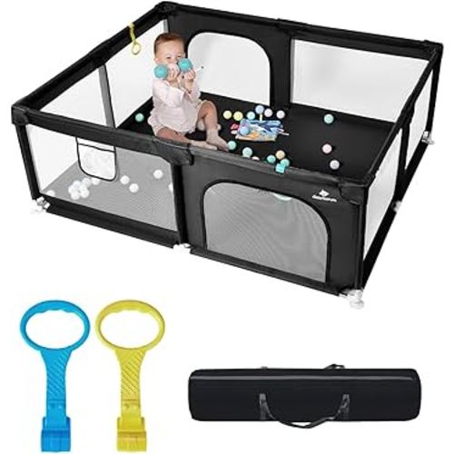 dearlomum Baby Playpen with Non Removable Mat, Extra Large Play Yard for Babies & Toddlers, Portable Travel Playpen, Baby Activity Center for Indoor & Outdoor Use (Black 59"×71")