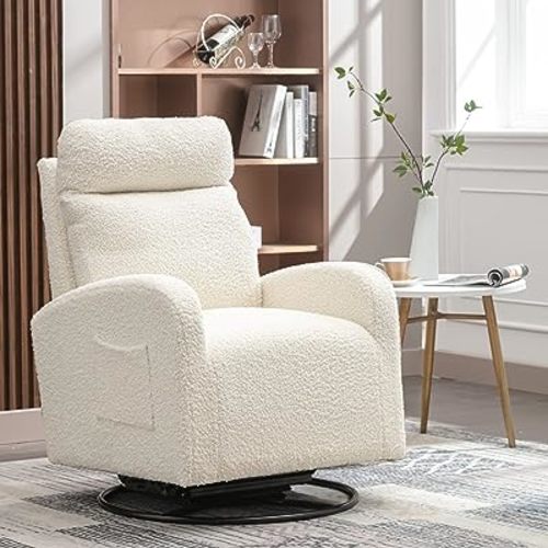 360 Swivel Accent Glider Rocking Chair, Comfy Tufted Upholstered Glider Rocker for Nursery, Modern Armchair with Tall Back and Side Pocket for Living Room, Bedroom (White Teddy)