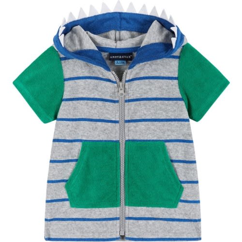 Baby Hooded French Terry Cover-Up Romper, 6-9M, Grey Striped