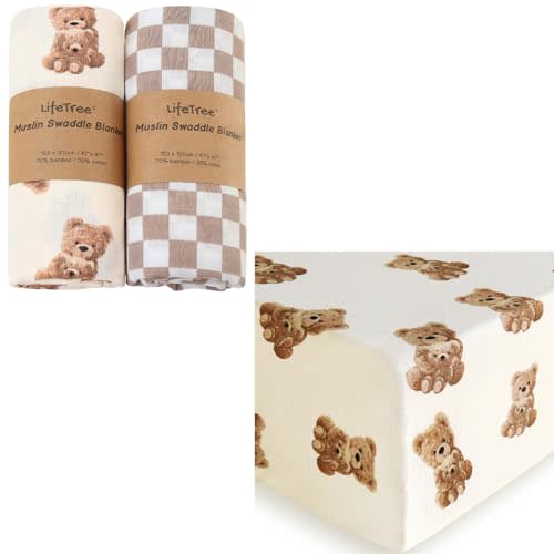 LifeTree Muslin Swaddle Blankets 2 Pack, 70% Viscose from Bamboo and 30% Cotton, Large 47 x 47 inches and Crib Sheet 1 Pack, Bear