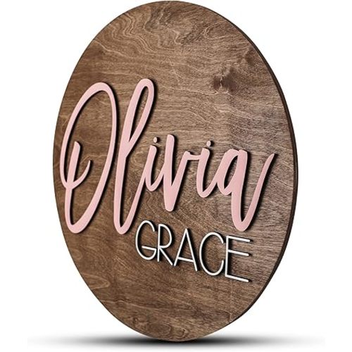 Custom Round Nursery Name Sign, Personalized Wooden Wall Plaque, 12" 18" 24" 30" 3D Wall Art for Children & Kids Rooms, Baby Shower, Hickory Hollow Designs (Olivia Grace)