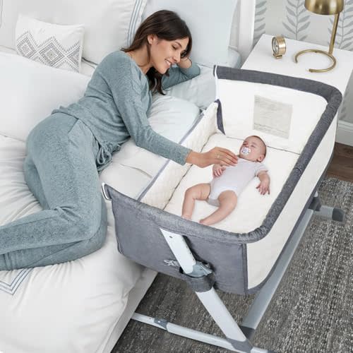 PEARLOVE 3 in 1 Baby Bassinet Bedside Sleeper, Bedside Crib with 6 Adjustable Height, Soft Mattress & Wheels, Portable Easy to Assemble Bassinet, Baby Cribs for Infant Newborn