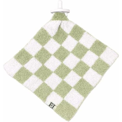 L+L USA Checkered Baby Lovey Pacifier/Teether Holder 10"x10" - DreamSoft Plush Fluffy Cuddly Soothie Reversible Mini Comfort Blanket - Cute Newborn Gift Essential Babies Boys Girls (Green/White)