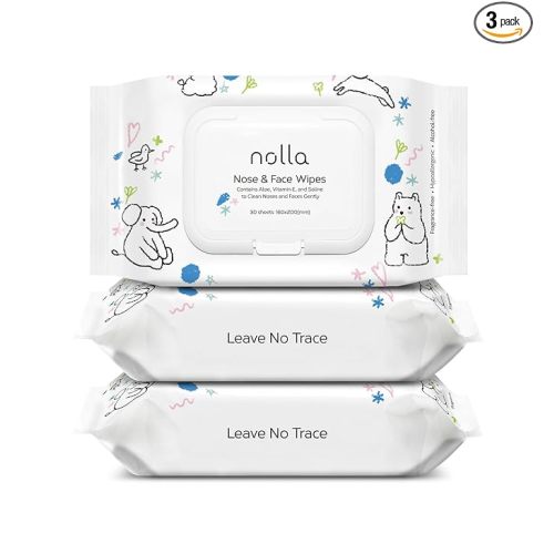 Nolla Nose and Face Wipes for Babies & Kids with Saline, Vitamin E, & Aloe | Unscented | Compostable, 90 Count (3 Packs of 30)