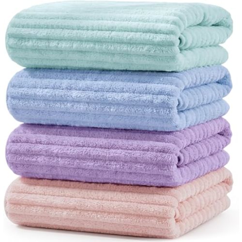 4 Pcs Microfiber Bath Towels 27" x 55" Large Absorbent Soft Bathroom Sheet with Hanging Loop Quick Dry Lint Free Fluffy Plush Towel for Dorm Shower Gym Travel, Twill Design(Candy Color)