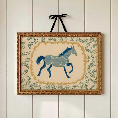 Blue Horse Nursery Print | Folk Art Horse Wall Art | Vintage Farm Animal Painting for Children’s Room or Playroom