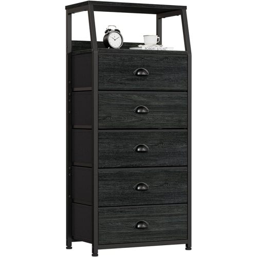 Furnulem Black Dresser with 5 Drawers, Vertical Storage Tower Fabric Dresser for Bedroom, Hallway, Entryway, Nursery, Closet Organizer, Nightstand Bedside Table Furniture, Sturdy Steel Frame, Wood Top