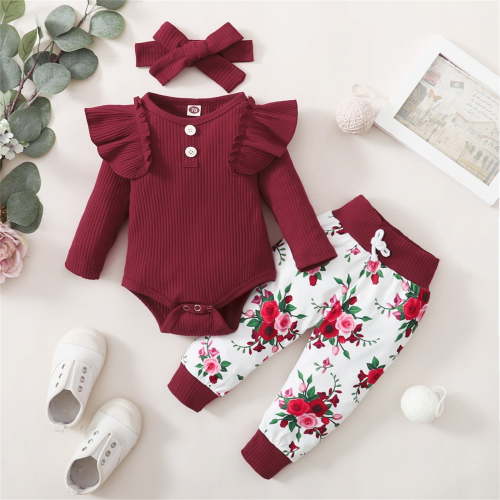 SGFCWSX Girls Winter Set Baby 3 Piece Outfits Ruffle Sleeve Onesie, Leopard Print Pants and Headband Sets Red Size 3 Months