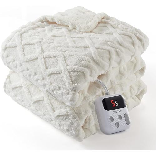 CAROMIO Electric Blanket Twin Size - Thick Tufted Sherpa Heated Blanket Twin with 10 Heating Levels and 10 Time Settings, ETL Certified Machine Washable Fast Heating Blanket Twin 62"×84", White