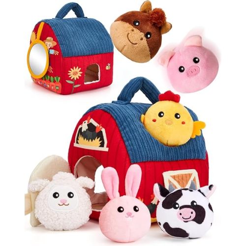 hahaland Baby Toys 6-12 Months - Surprise Barn Stuffed Farm Animals, Rattle, Crinkle, Mirror, Montessori Toys for 6 Month Old Sensory Balls 1-3, Baby Boy Gifts, Farm Plush Toys for Babies Travel Toy
